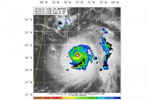 Satellite image from the Naval Research Lab are overlaid with lightning strokes (shown as black circles) of Hurricane Mathew on 4 October 2016. Image: WWLLN-TC