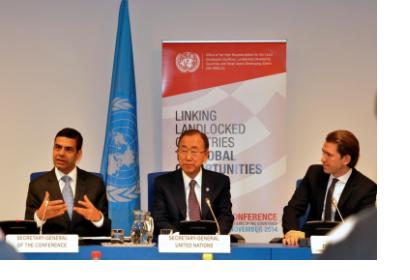 Under-Secretary and High Representative Gyan Acharya, UN Secretary-General Ban Ki-moon, Austrian Foreign Minister Sebastian Kurz and the UN LLCDs Conference in Vienna (Image: UNIS Vienna)