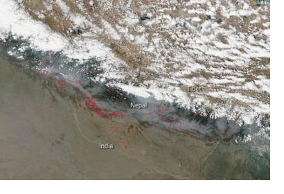 Smoke and fires in Nepal. Image: NASA (2016).